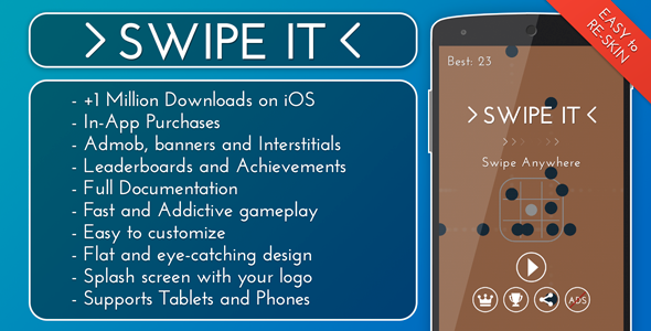 1400-Swipe It - Admob + IAP + Leaderboards