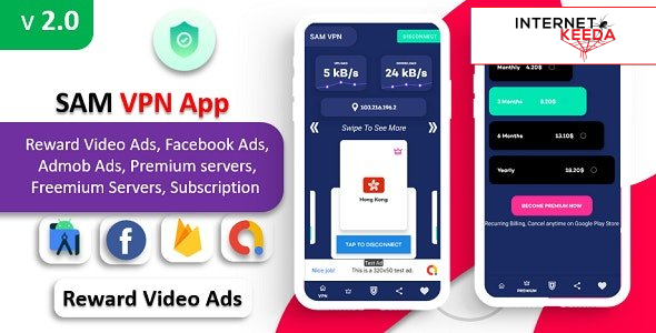 13874-SAM VPN App v2.0 - Secure VPN and Fast Servers VPN | Reward Video Ads | Subscription | Admob &